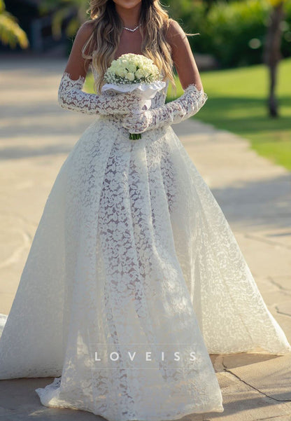 Off-Shoulder Lace Appliques A-Line Side Slit Wedding Dress