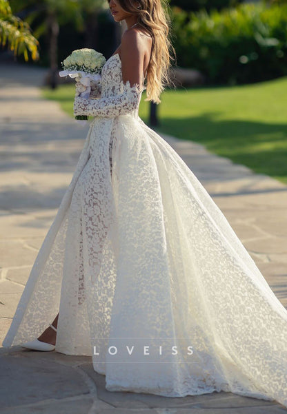 Off-Shoulder Lace Appliques A-Line Side Slit Wedding Dress