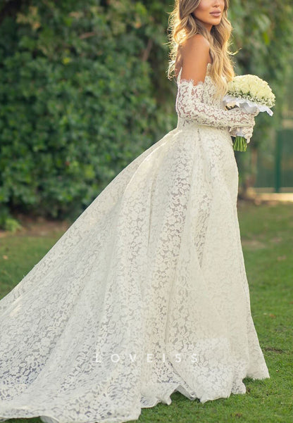 Off-Shoulder Lace Appliques A-Line Side Slit Wedding Dress