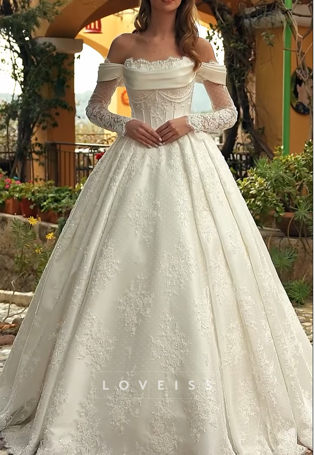 Off-Shoulder Lace Appliques Beaded A-Line Wedding Dress