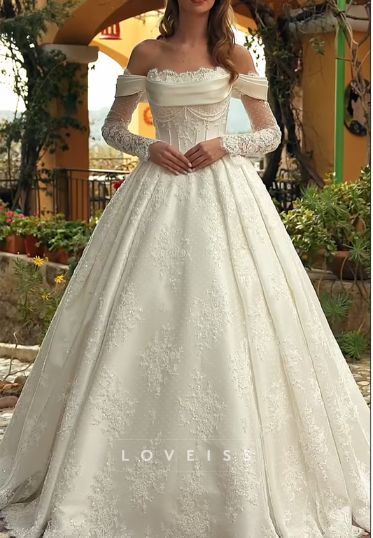 Off-Shoulder Lace Appliques Beaded A-Line Wedding Dress