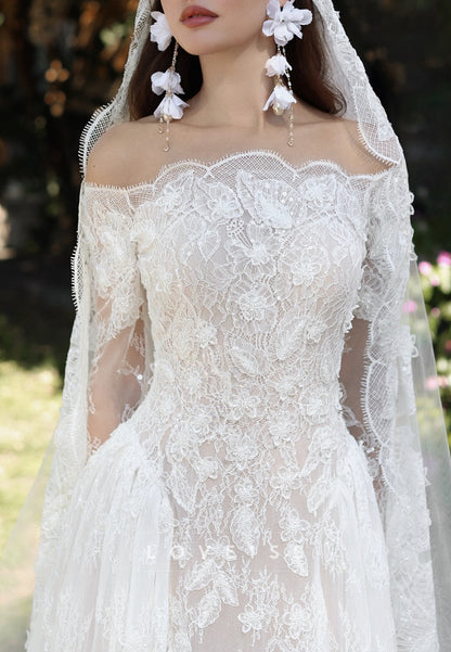 Off-Shoulder Lace Appliques Long Sleeves Sheath Wedding Dress