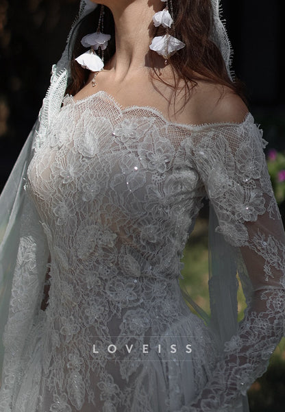 Off-Shoulder Lace Appliques Long Sleeves Sheath Wedding Dress