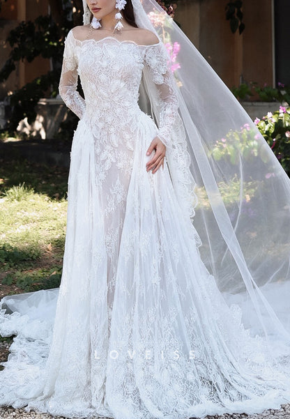 Off-Shoulder Lace Appliques Long Sleeves Sheath Wedding Dress