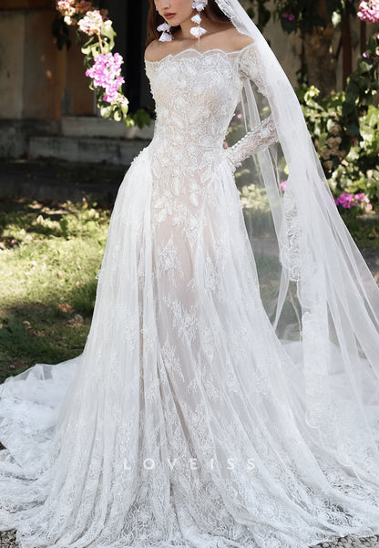 Off-Shoulder Lace Appliques Long Sleeves Sheath Wedding Dress