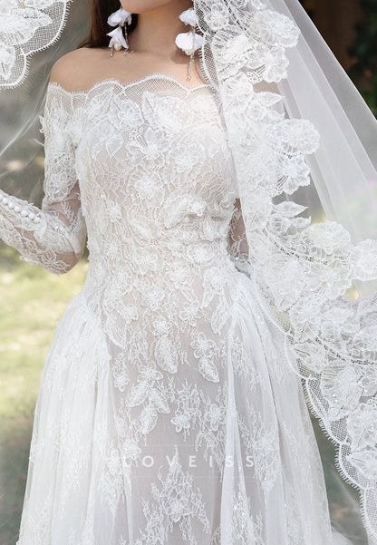 Off-Shoulder Lace Appliques Long Sleeves Sheath Wedding Dress