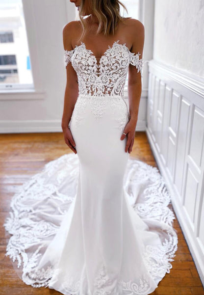 Off-Shoulder Lace Appliques Mermaid Wedding Dress