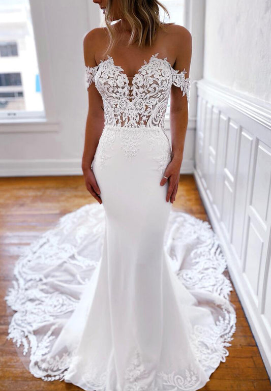 Off-Shoulder Lace Appliques Mermaid Wedding Dress
