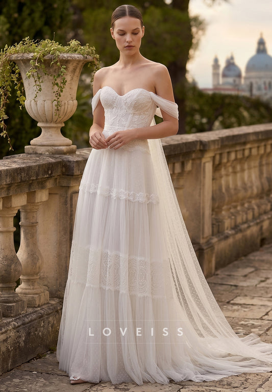 Off-Shoulder Lace Appliques Tulle A-Line Wedding Dress