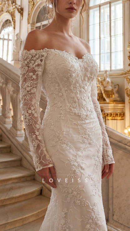 Off-Shoulder Long Appliques Beaded Embroidery Mermaid Wedding Dress