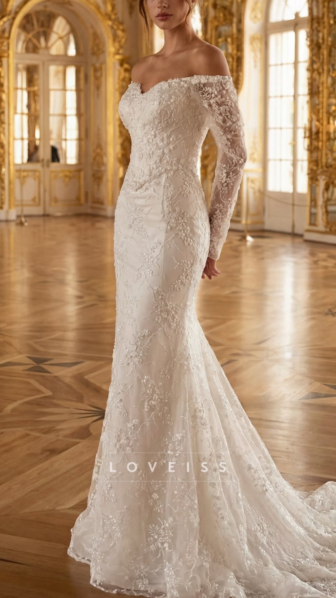 Off-Shoulder Long Appliques Beaded Embroidery Mermaid Wedding Dress