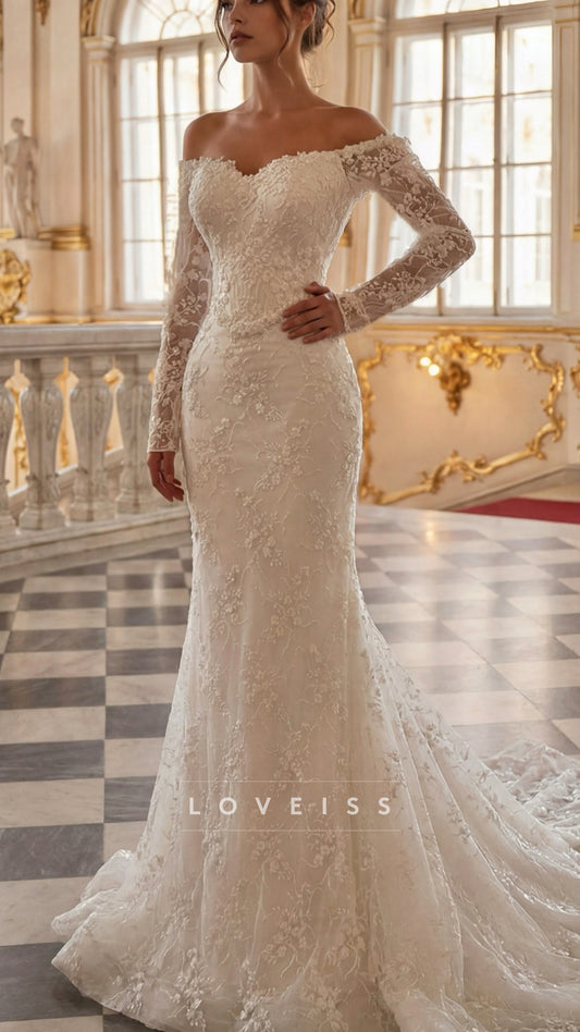 Off-Shoulder Long Appliques Beaded Embroidery Mermaid Wedding Dress