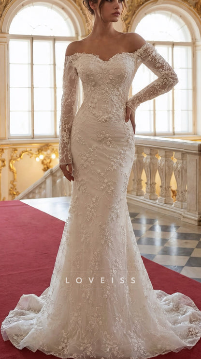 Off-Shoulder Long Appliques Beaded Embroidery Mermaid Wedding Dress