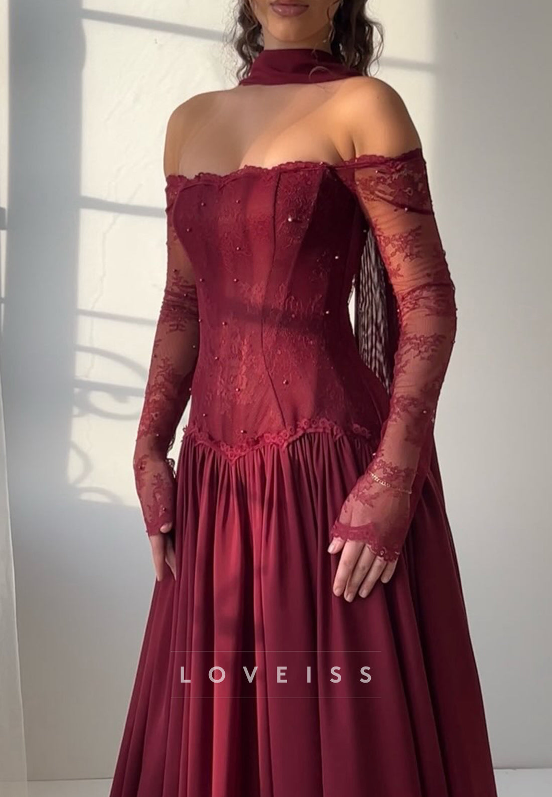 Off-Shoulder Long Formal Dress Sleeves Appliques A-Line Prom Dress