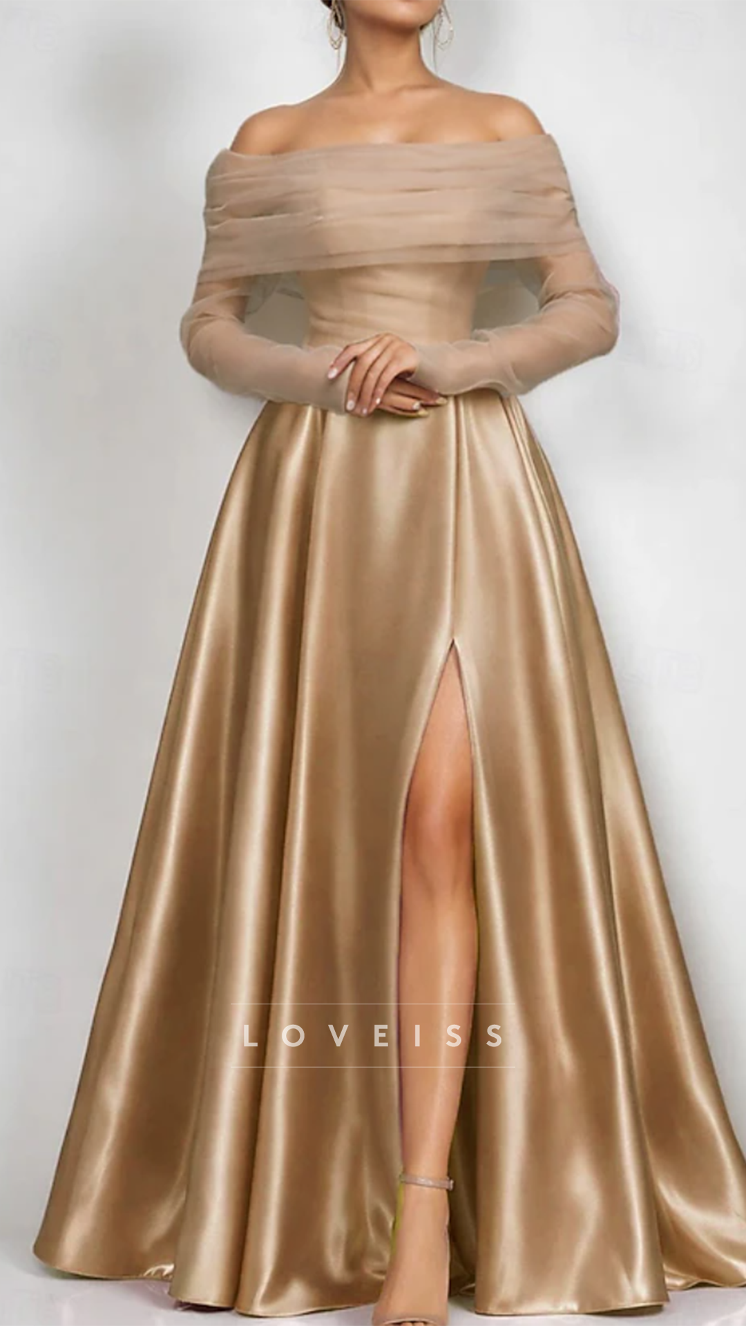 Off-Shoulder Long Sleeves A-Line Satin Mother of Bride Dress