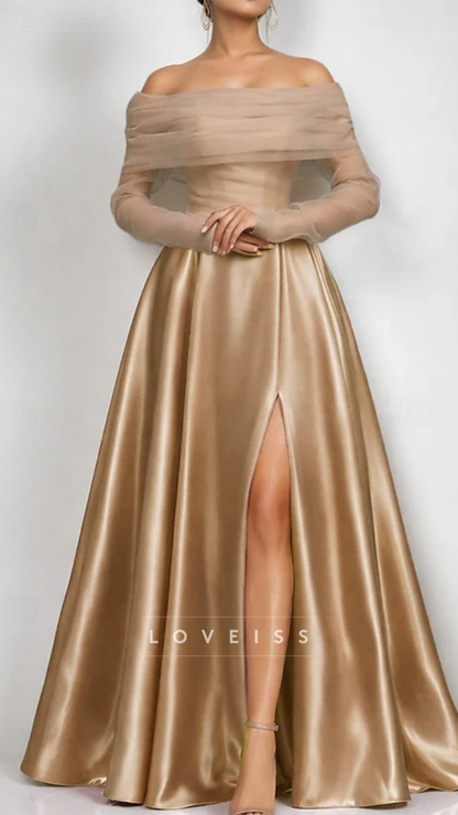 Off-Shoulder Long Sleeves A-Line Satin Mother of Bride Dress