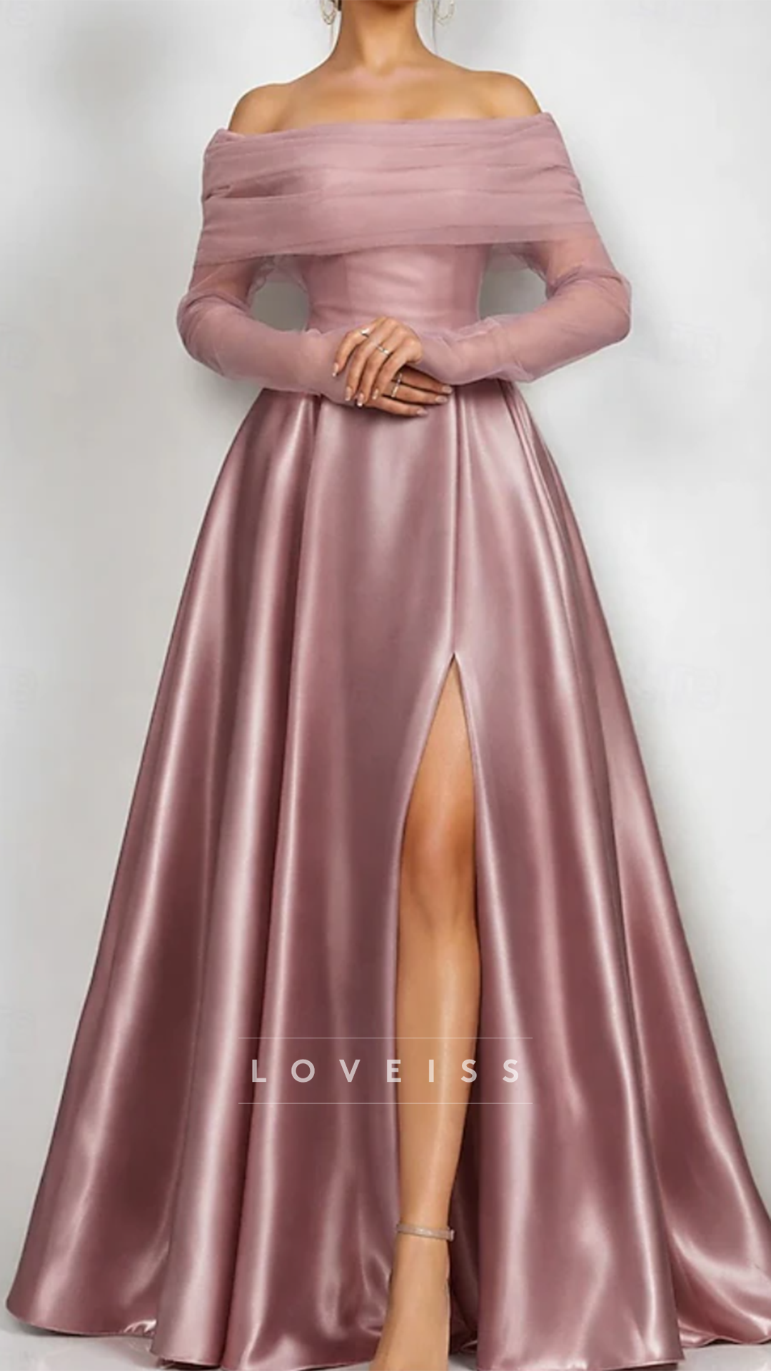 Off-Shoulder Long Sleeves A-Line Satin Mother of Bride Dress