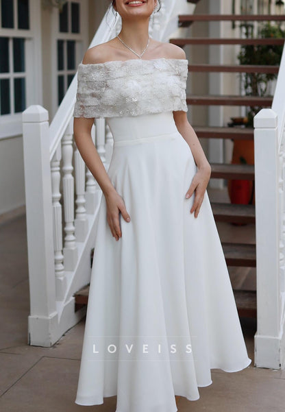 Off-Shoulder Long Sleeves Appliques A-Line Midi Wedding Dress