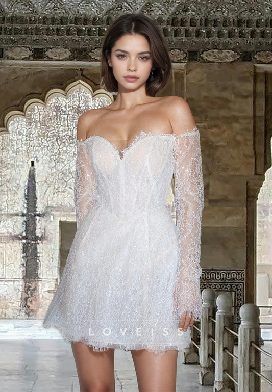 Off-Shoulder Long Sleeves Appliques A-Line Short Beach Wedding Dress