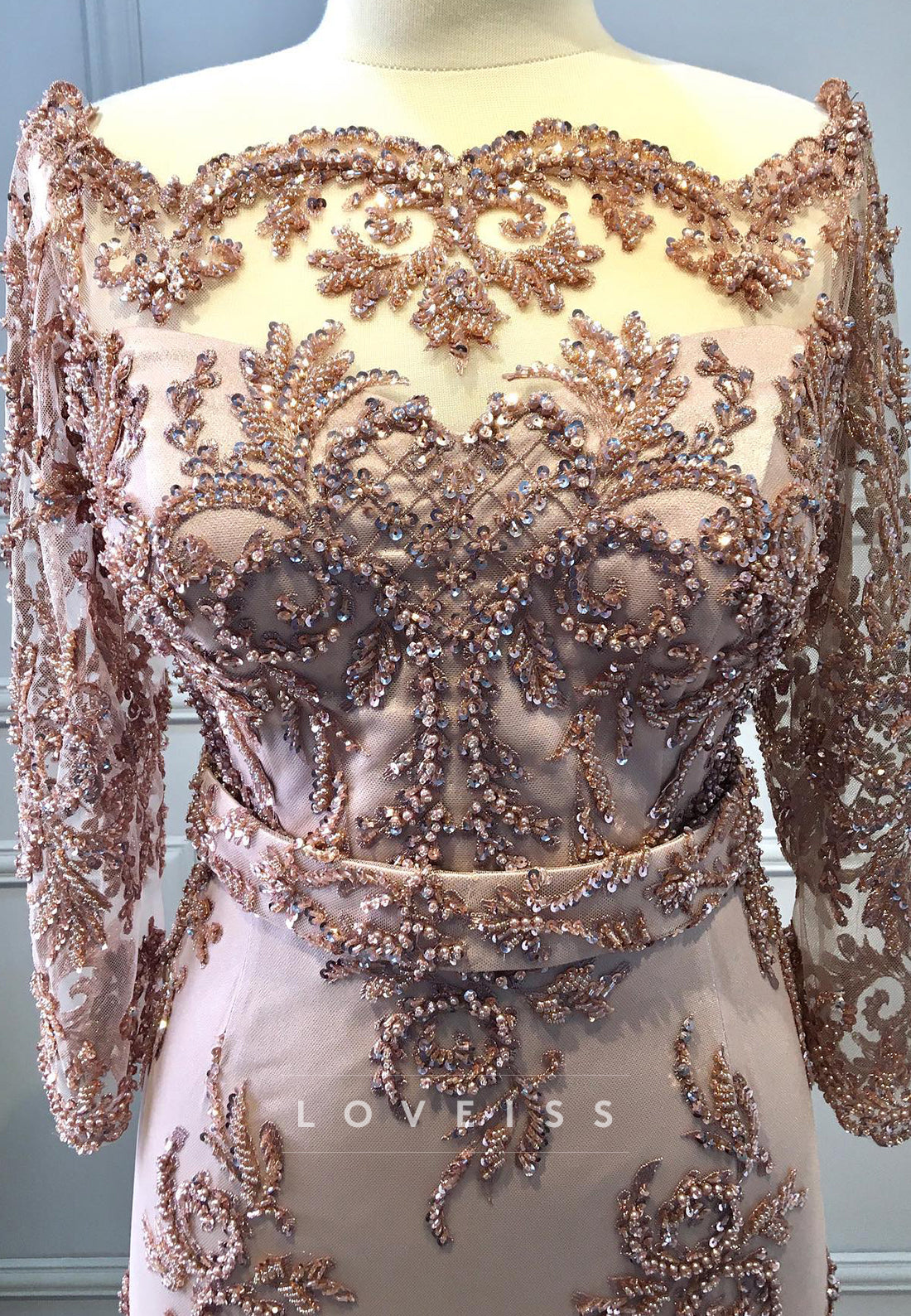 Off-Shoulder Long Sleeves Appliques Beaded Sheath Mother of Bride Dress
