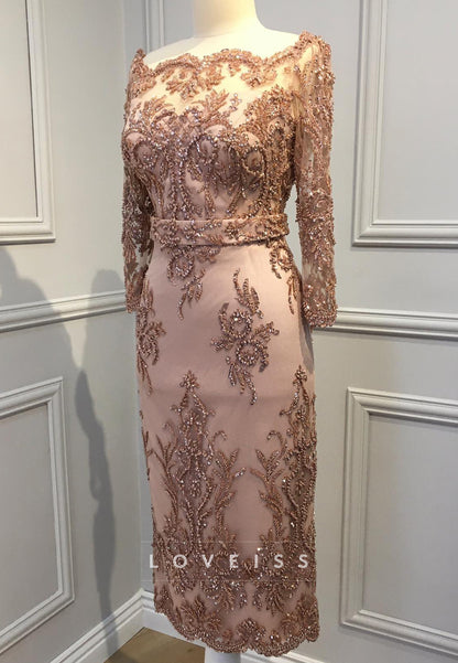 Off-Shoulder Long Sleeves Appliques Beaded Sheath Mother of Bride Dress