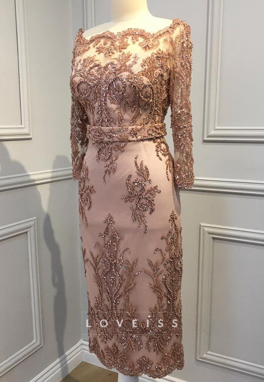 Off-Shoulder Long Sleeves Appliques Beaded Sheath Mother of Bride Dress