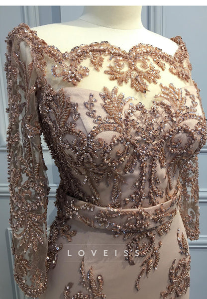 Off-Shoulder Long Sleeves Appliques Beaded Sheath Mother of Bride Dress
