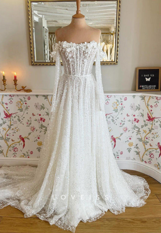 Off-Shoulder Long Sleeves Appliques Floral Embellished A-Line Wedding Dress
