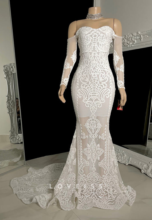 Off-Shoulder Long Sleeves Appliques Mermaid PProm Dress for Black Girls