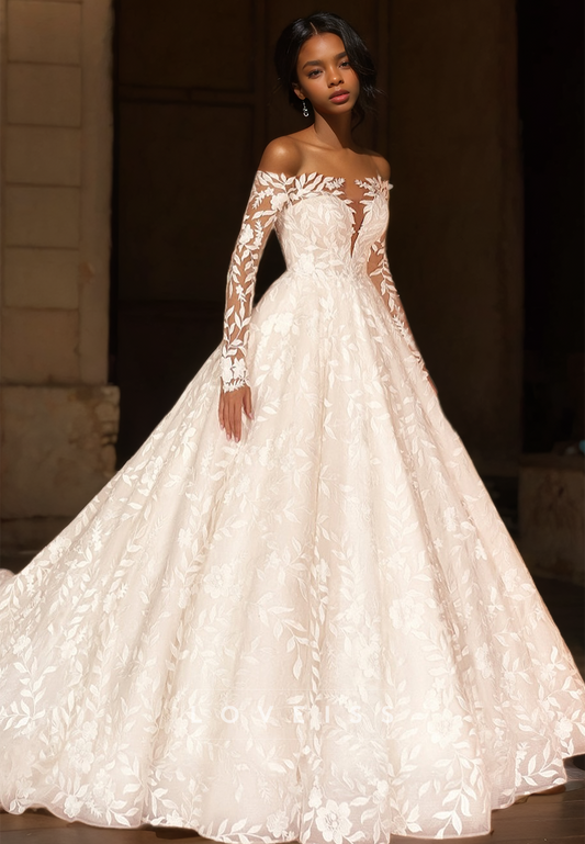 Off-Shoulder Long Sleeves Appliques Pleated A-Line Wedding Dress
