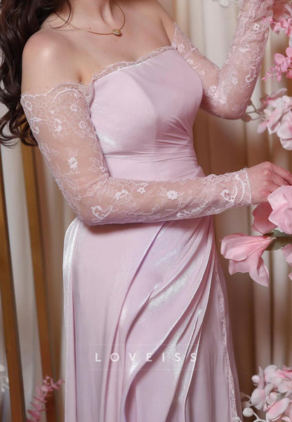 Off-Shoulder Long Sleeves Appliques Pleated Sheath Formal Dress
