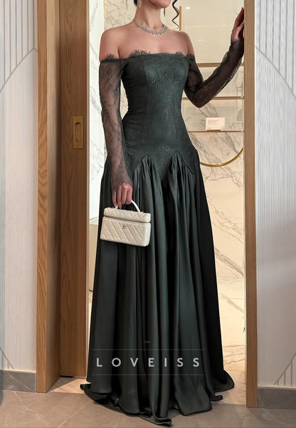 Off-Shoulder Long Sleeves Appliques Satin A-Line Evening Dress