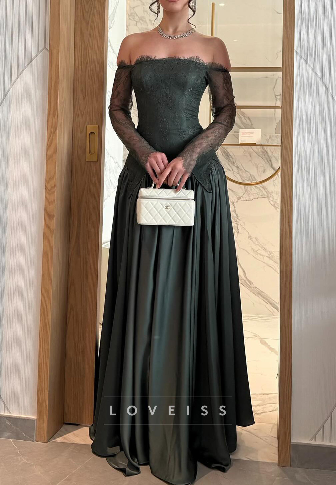 Off-Shoulder Long Sleeves Appliques Satin A-Line Evening Dress