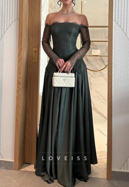 Off-Shoulder Long Sleeves Appliques Satin A-Line Evening Dress