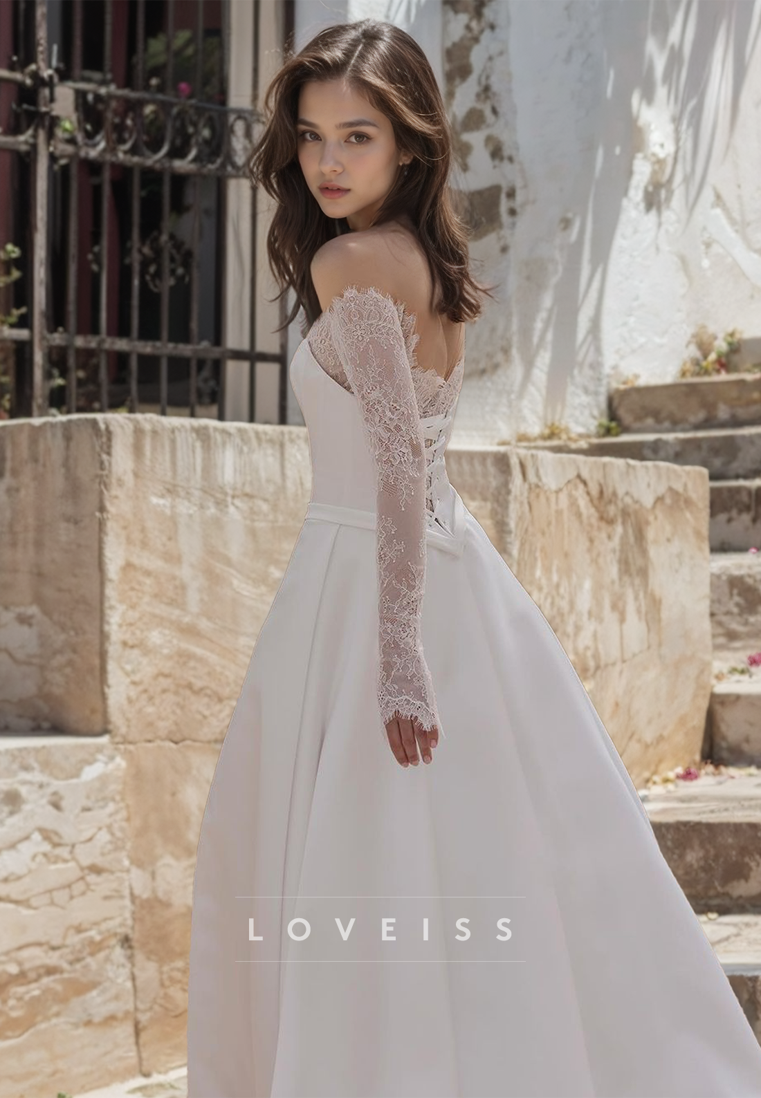 Off-Shoulder Long Sleeves Appliques Satin A-Line Wedding Dress Loveiss Off-Shoulder Long Sleeves Appliques Satin A-Line Wedding Dress Loveiss
