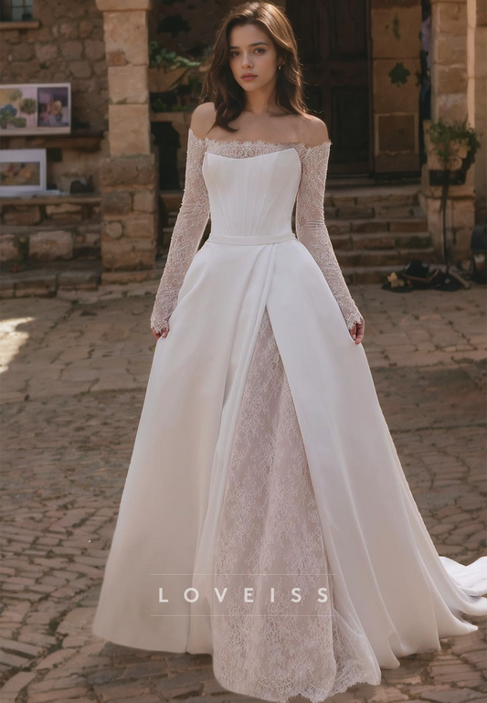 Off-Shoulder Long Sleeves Appliques Satin A-Line Wedding Dress