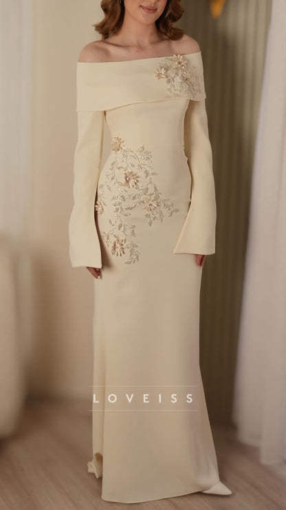 Off-Shoulder Long Sleeves Appliques Sheath Evening Dress