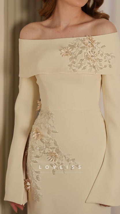 Off-Shoulder Long Sleeves Appliques Sheath Evening Dress