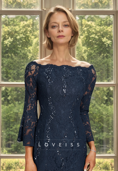 Off-Shoulder Long Sleeves Appliques Sheath Mother of Bride Dress