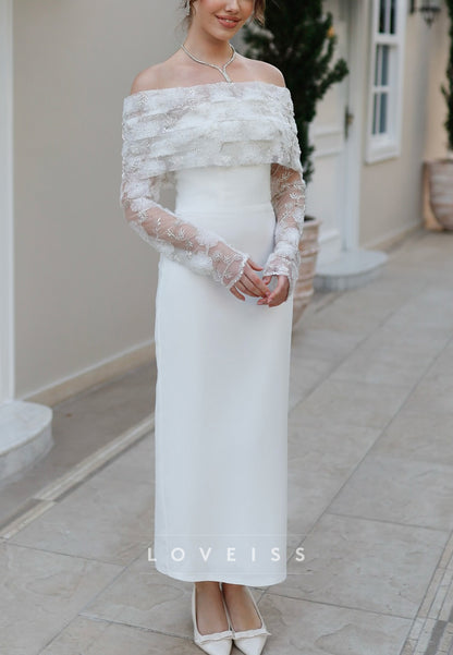 Off-Shoulder Long Sleeves Appliques Sheath Wedding Dress