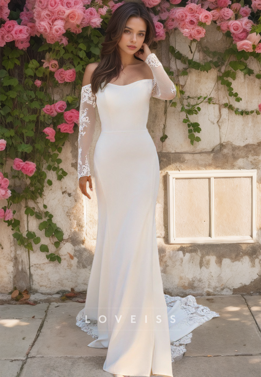 Off-Shoulder Long Sleeves Appliques Sleek Mermaid Wedding Dress