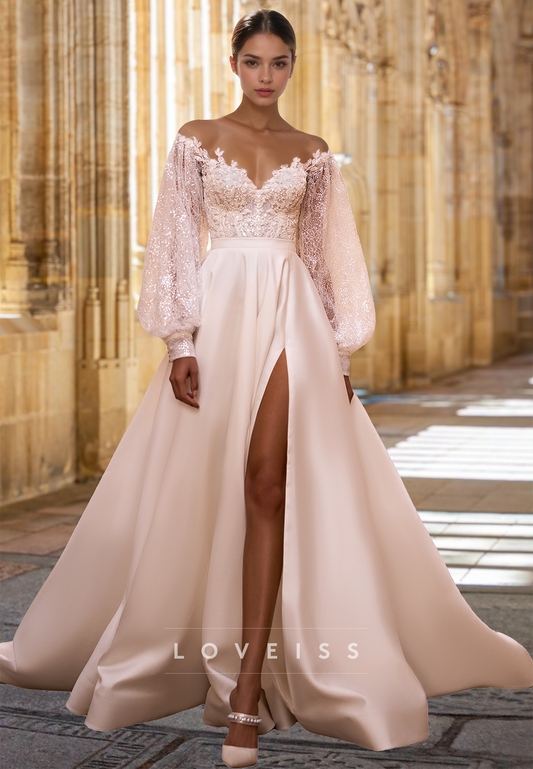 Off-Shoulder Long Sleeves Appliques Sparkly A-Line Wedding Dress