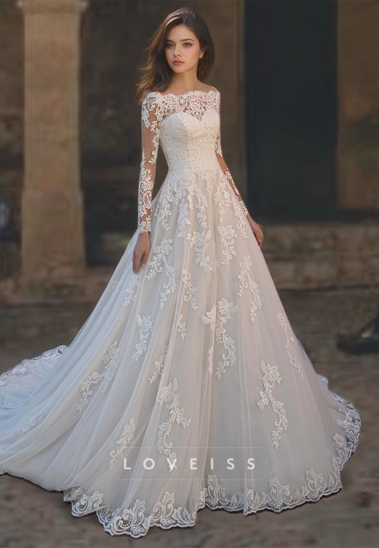 Off-Shoulder Long Sleeves Appliques Tulle A-Line Wedding Dress