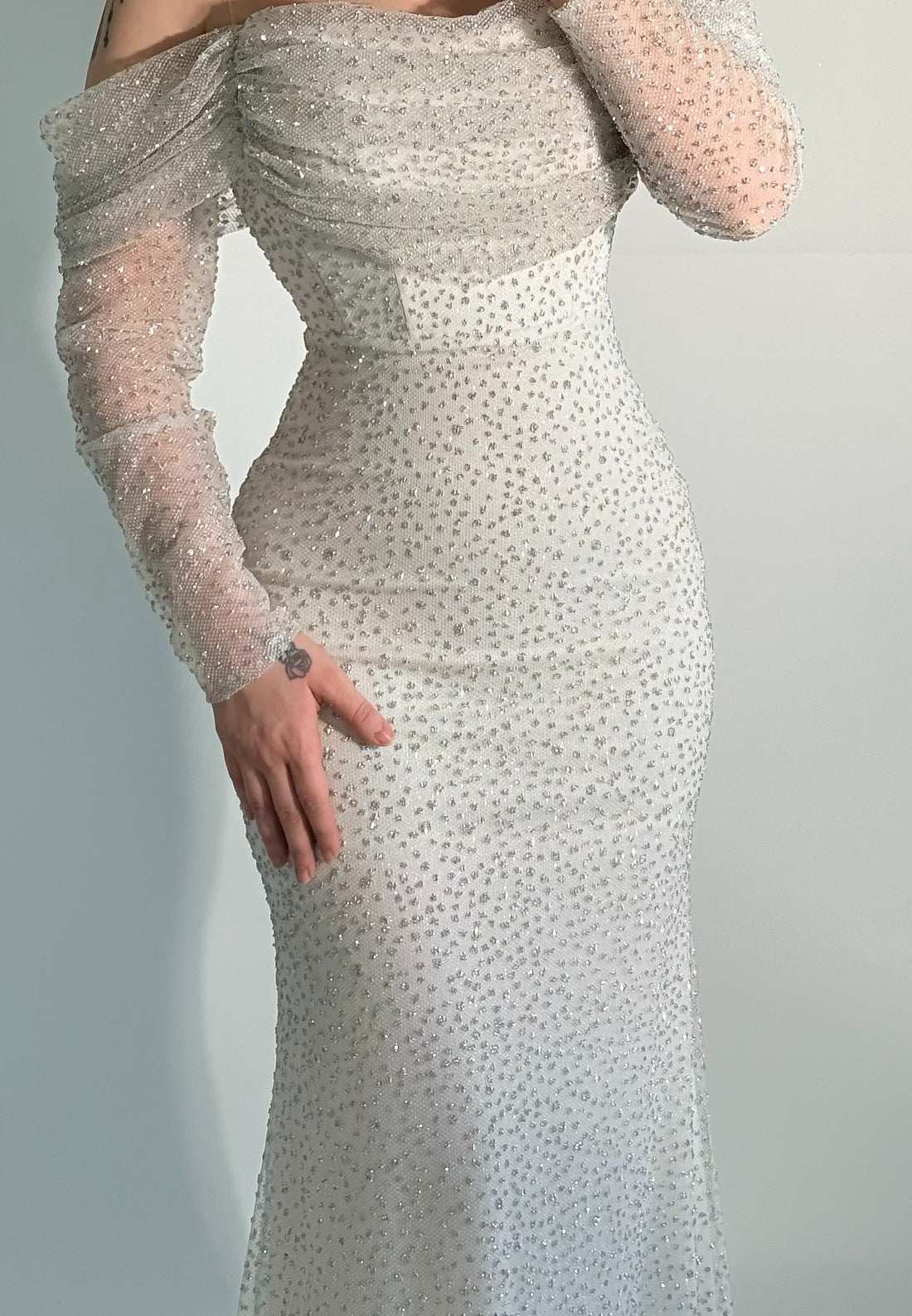 Off-Shoulder Long Sleeves Beaded Emboridery Mermaid Formal Dress