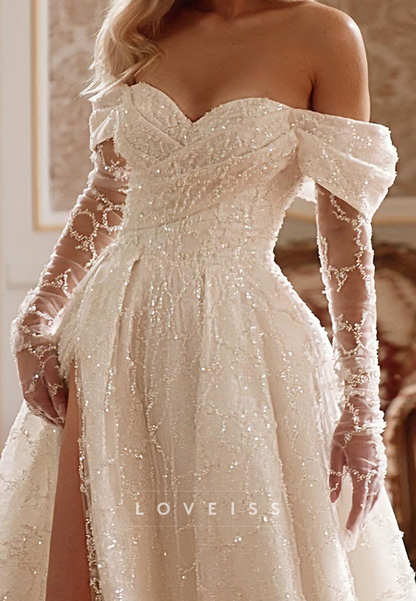 Off-Shoulder Long Sleeves Beaded Embroidery A-Line Wedding Dress