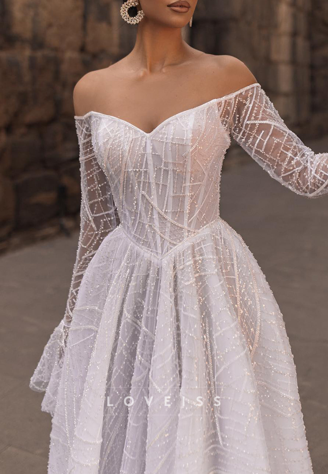 Off-Shoulder Long Sleeves Beaded Embroidery A-Line Wedding Dress