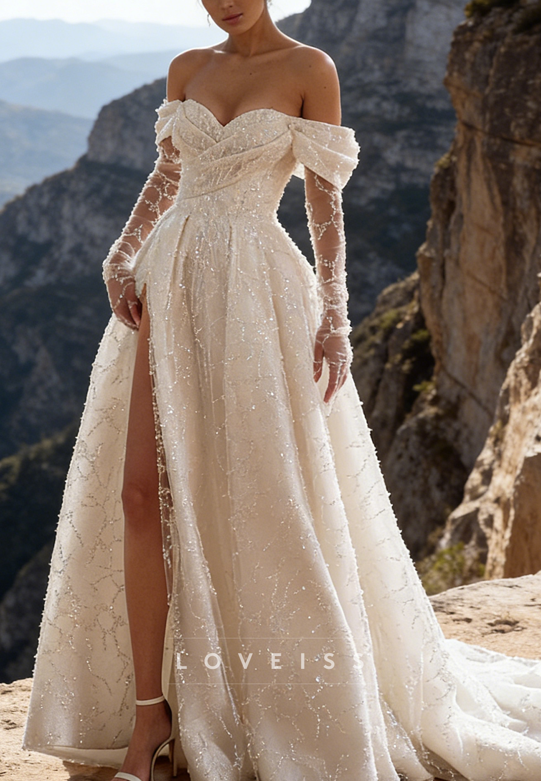 Off-Shoulder Long Sleeves Beaded Embroidery A-Line Wedding Dress