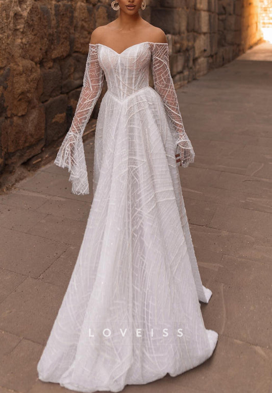 Off-Shoulder Long Sleeves Beaded Embroidery A-Line Wedding Dress