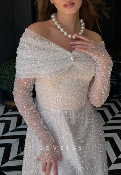 Off-Shoulder Long Sleeves Beaded Embroidery A-Line Wedding Dress