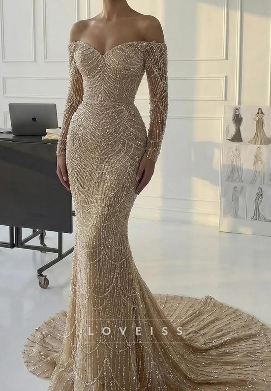 Off-Shoulder Long Sleeves Beaded Embroidery Mermaid Prom Dress